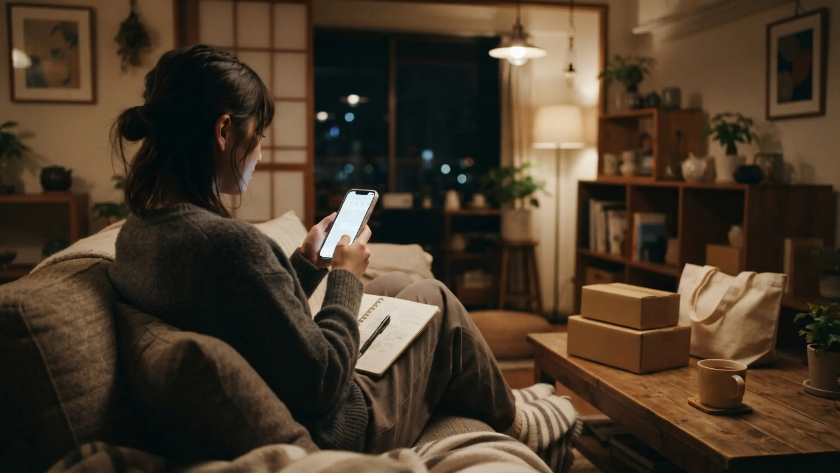 ライブグッズのオンラインストアをスマホで閲覧し、メモを取りながら再販情報を確認している様子